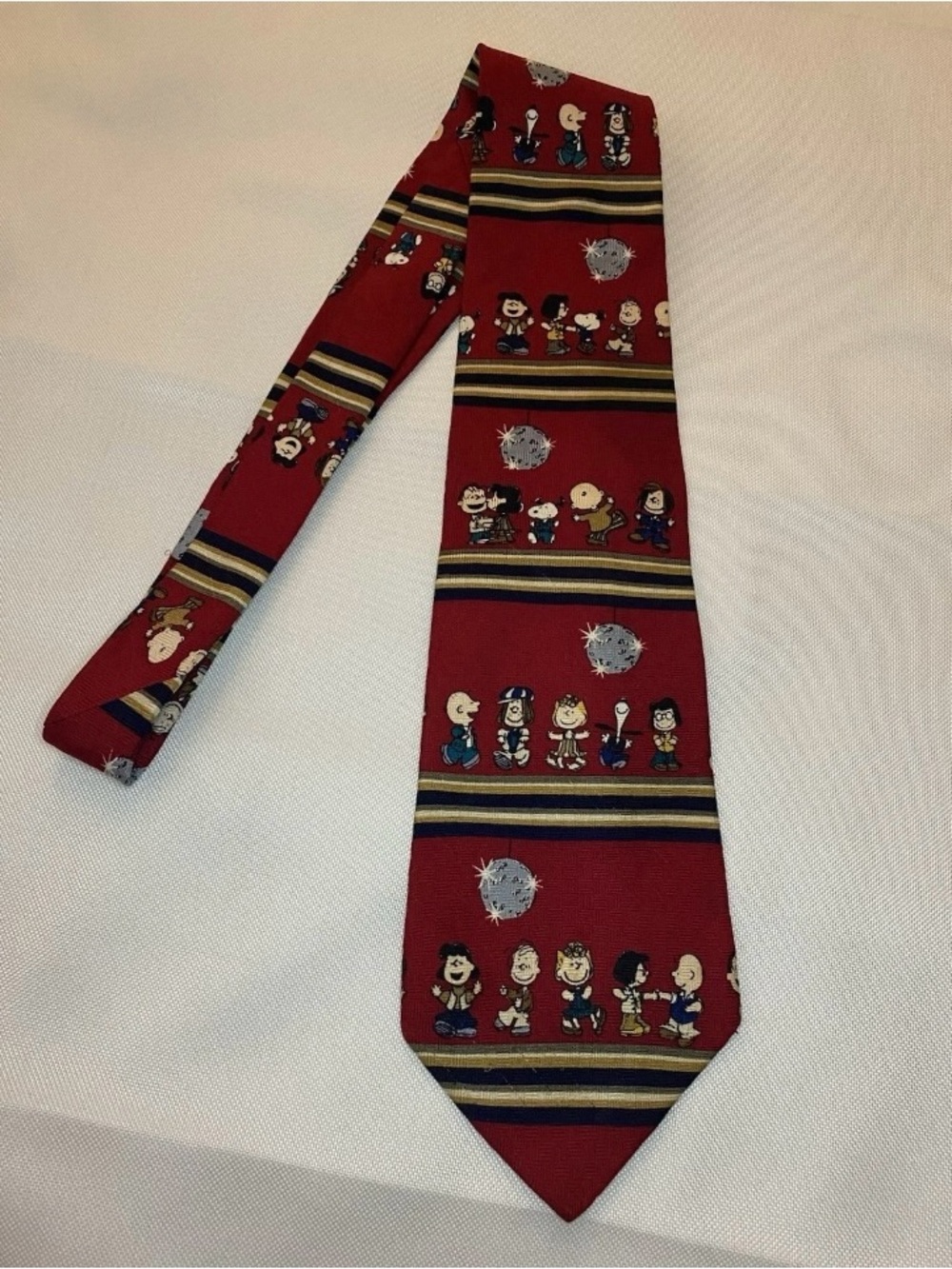 Peanuts Red Novelty Tie with Navy and Gold Stripes
